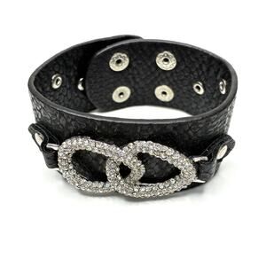 YIK Fung Black Genuine Leather Cuff Snap Bracelet Silver Rhinestone